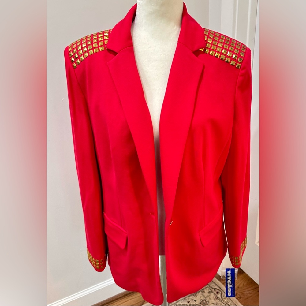 Peter Nygard Red Blazer Jacket Womens Size 14 Detailed Top Gold Embellishments